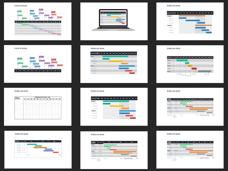 Gráfico com Gantt - Pacote com 12 Slides