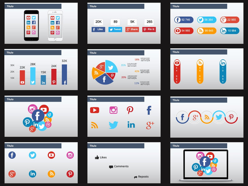 Infográfico com Redes Sociais - Pacote com 12 Slides